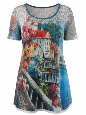 Women's Blue Scenic Print Short-Sleeve Tee
